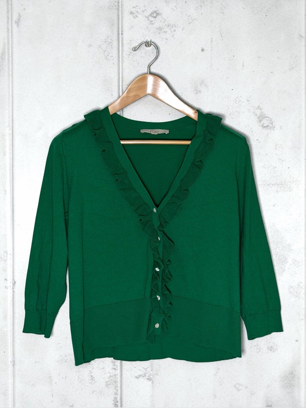 Preppy Ruffled Emerald Green V-Neck Cardigan, Loft, Women's Size XL